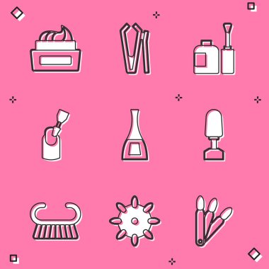 Bir şişe oje, tırnak makası, manikür için değirmen, pedikür fırçası rendesi ve sahte tırnak ikonu. Vektör