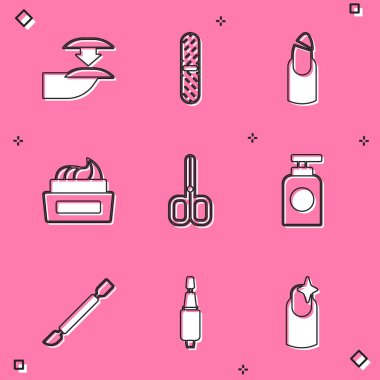 Sahte tırnak törpüsü, tırnak törpüsü, kırık şişe cilası, makas, tüp el kremi, manikür ikonu için tırnak makası ve öğütücü. Vektör