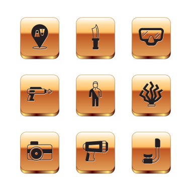 Yüzmek için Flippers, fotoğraf makinesi dalgıcı, el feneri, dalgıç kıyafeti dalış, balıkçı zıpkını, dalış maskesi, şnorkel ve bıçak ikonu. Vektör