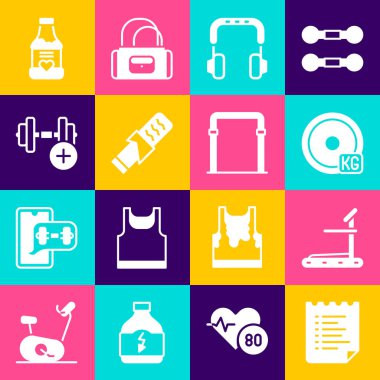Spor eğitim programını, koşu bandı makinesini, ağırlık plakasını, kulaklıkları, Protein spor barını, Dumbbell 'i, Vitaminleri ve yatay ikonu ayarla. Vektör