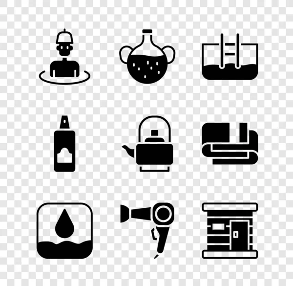 Set Man Szaunában Alapvető Olajos Palack Medence Létrával Vízcsepp Hajszárító — Stock Vector