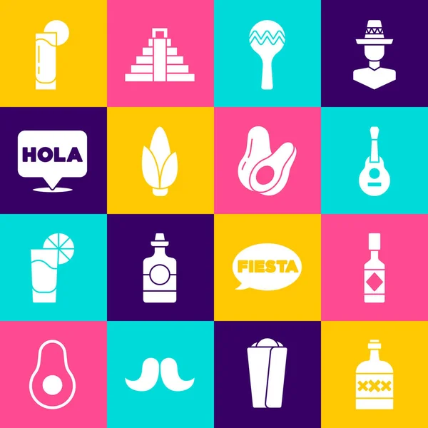 Set Bouteille Tequila Sauce Tabasco Guitare Mexicaine Maracas Maïs Hola — Image vectorielle