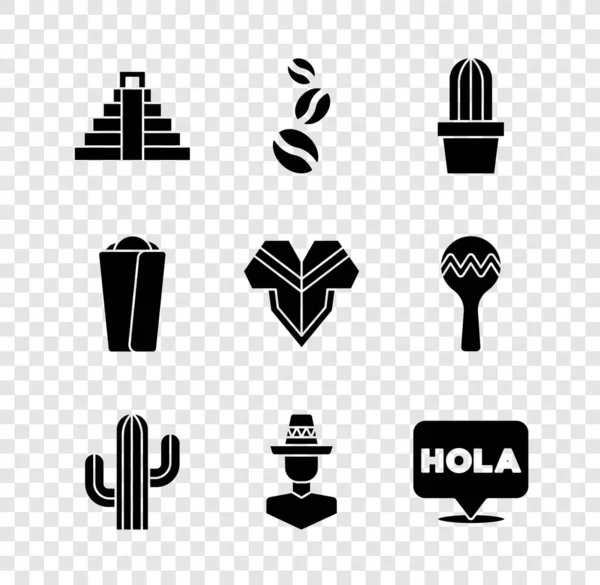 Állítsa Chichen Itza Maja Kávébab Kaktusz Vagy Zamatos Pot Mexikói — Stock Vector