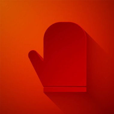 Kağıt kesiği fırın eldiveni simgesi kırmızı arkaplanda izole edilmiş. Mutfak tutacağı işareti. Yemek eldiveni. Kağıt sanatı tarzı. Vektör İllüstrasyonu