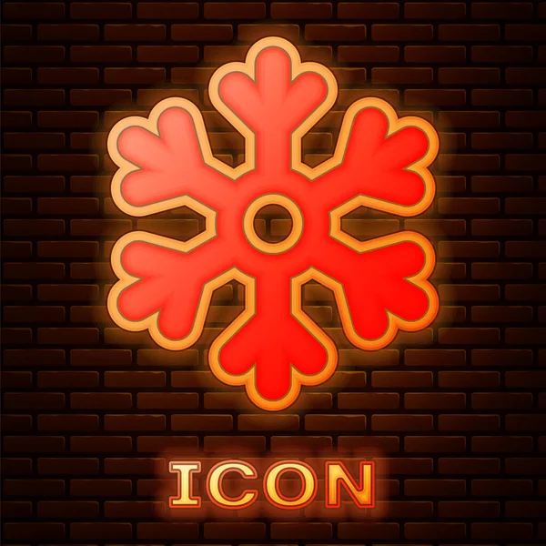 Icona luminosa al neon Fiocco di neve isolato su sfondo muro di mattoni. Illustrazione vettoriale — Vettoriale Stock