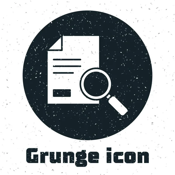 Grunge Document with search icon isolated on white background. File and magnifying glass icon. Analytics research sign. Monochrome vintage drawing. Vector Illustration — Vetor de Stock