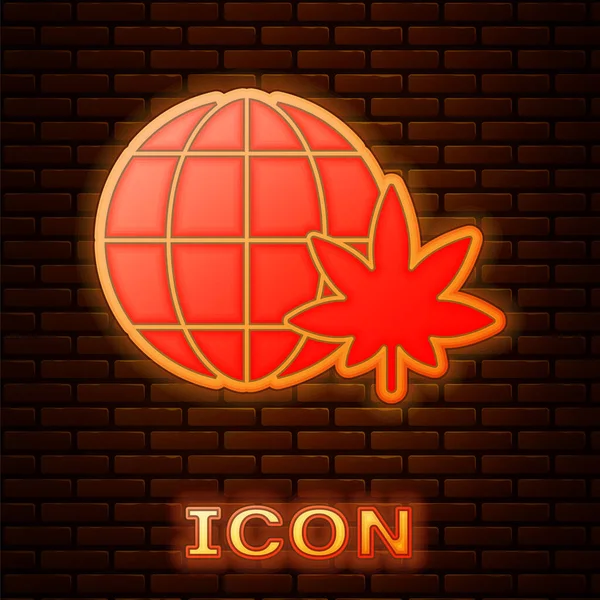 Glödande Neon legalisera marijuana eller cannabis Globe symbolikon isolerad på tegelvägg bakgrund. Hampa symbol. Vektor illustration — Stock vektor