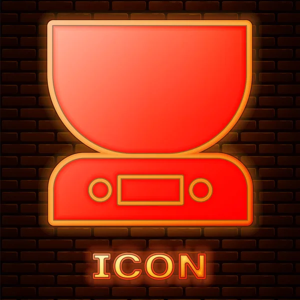 Glödande neon elektroniska skalor ikon isolerad på tegel vägg bakgrund. Utrustning för viktmätning. Vektor Illustration — Stock vektor