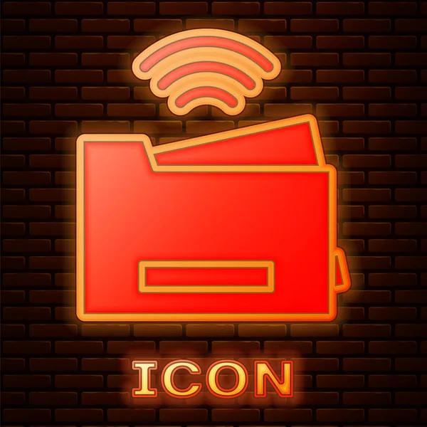 Glowing neon Smart printer system icon isolated on brick wall background. Internet of things concept with wireless connection. Vector — Vector de stock