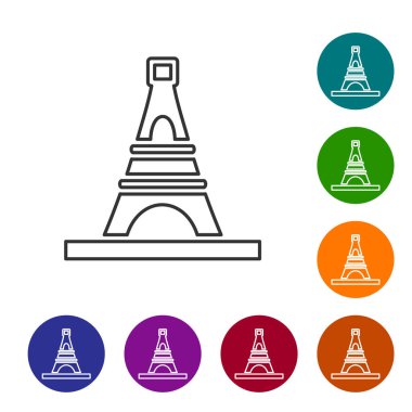 Black line Eiffel tower icon isolated on white background. France Paris landmark symbol. Set icons in color circle buttons. Vector