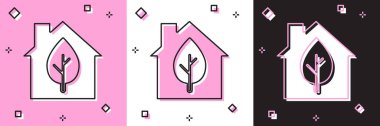 Set Eco friendly house icon isolated on pink and white, black background. Eco house with leaf. Vector