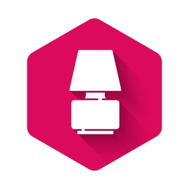 Beyaz masa lambası ikonu uzun gölgeli izole edilmiş. Pembe altıgen düğmesi. Vektör