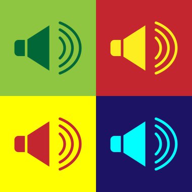 Pop Art Hoparlörünün sesi, ses sembolü, medya müzik ikonu renk arkaplanında izole. Vektör