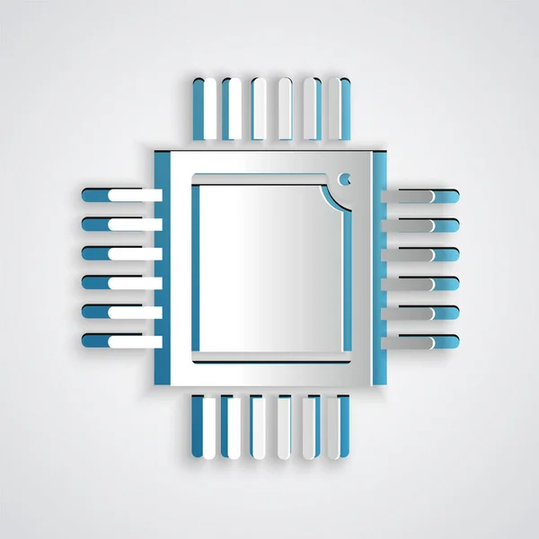 紙カット灰色の背景に孤立マイクロ回路CPUアイコンを持つコンピュータプロセッサ。回路基板付きチップまたはcpu 。マイクロプロセッサだ。紙のアートスタイル。ベクトル — ストックベクタ