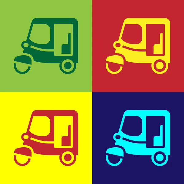 Pop Art Taxi Tuk Tuk Symbol isoliert auf farbigem Hintergrund. indische Auto-Rikscha-Konzept. delhi auto. Vektor — Stockvektor