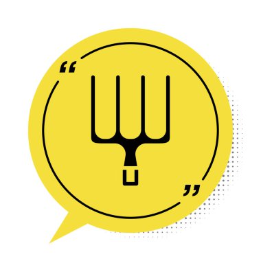 Siyah Bahçe yabası simgesi beyaz arkaplanda izole edilmiş. Bahçe çatalı işareti. Bahçecilik, tarım, çiftçilik aleti. Sarı konuşma balonu sembolü. Vektör