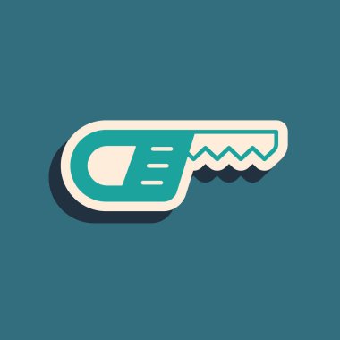 Yeşil testere ve testere simgesi yeşil arka planda izole edildi. Uzun gölge tarzı. Vektör