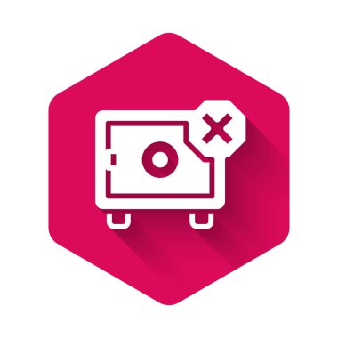 Beyaz Kasa simgesi uzun gölge arkaplanı ile izole edildi. Kapı, şifreli bir banka kasası. Güvenilir Veri Koruma. Pembe altıgen düğmesi. Vektör