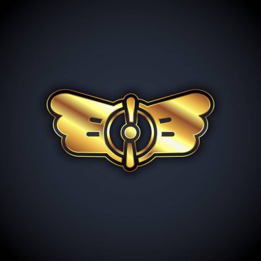Gold Aviation emblem icon isolated on black background. Military and civil aviation icons. Flying emblem, eagle bird wing and winged frame. Vector