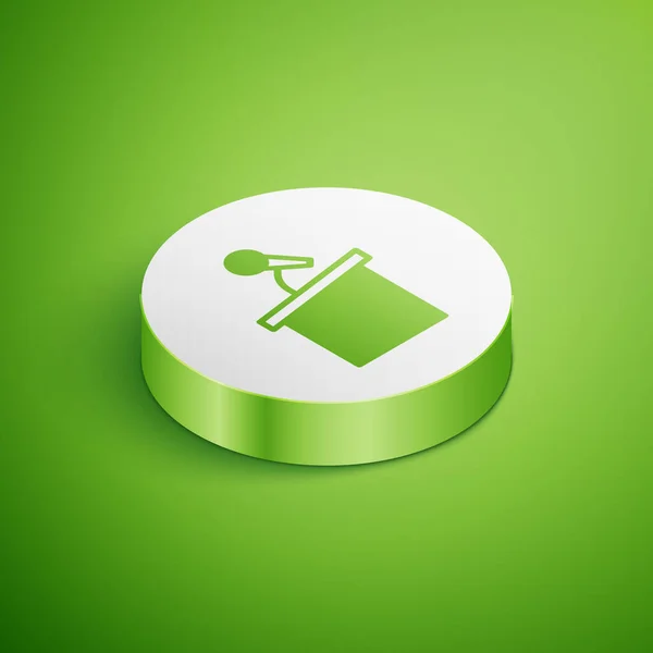 Isometric Stage stand or debate podium rostrum icon isolated on green background. Conference speech tribune. White circle button. Vector — Archivo Imágenes Vectoriales