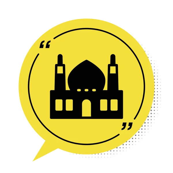 Černá muslimská mešita ikona izolované na bílém pozadí. Žlutý symbol bubliny řeči. Vektor — Stockový vektor
