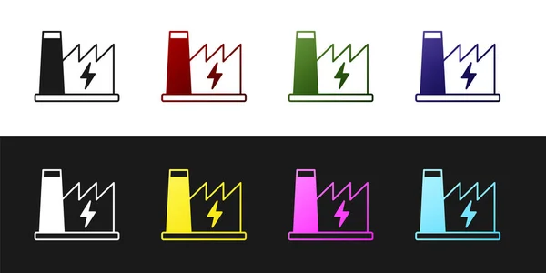 Impostare l'icona della centrale nucleare isolata su sfondo bianco e nero. Concetto industriale energetico. Vettore — Vettoriale Stock