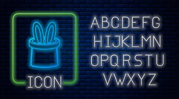 Glowing neon Magician hat and rabbit ears icon isolated on brick wall background. Magic trick. Mystery entertainment concept. Neon light alphabet. Vector — Stock vektor