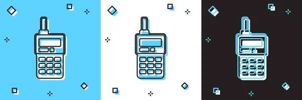 Set Walkie Talkie Ikone isoliert auf blauem und weißem, schwarzem Hintergrund. Funksender-Symbol. Funkempfänger-Zeichen. Vektor — Stockvektor