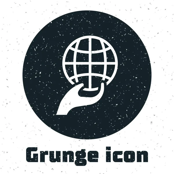 Grunge Mão humana segurando ícone do globo terrestre isolado no fundo branco. Salvar conceito de terra. Desenho vintage monocromático. Vetor — Vetor de Stock