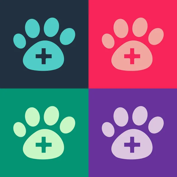 Pop art icona simbolo clinica veterinaria isolato su sfondo di colore. Insegna all'ospedale. Un cane o un gatto stilizzati stampa zampa. Segnale di pronto soccorso per animali. Vettore — Vettoriale Stock