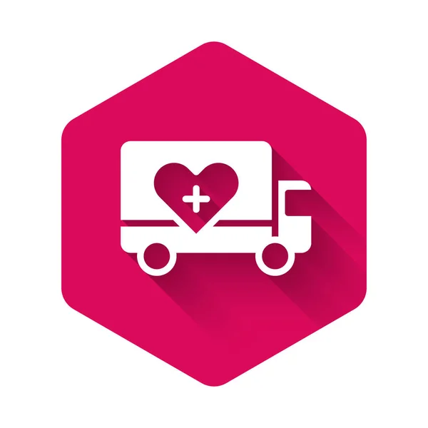 White Humanitarian truck icon isolated with long shadow background. Pink hexagon button. Vector — Image vectorielle