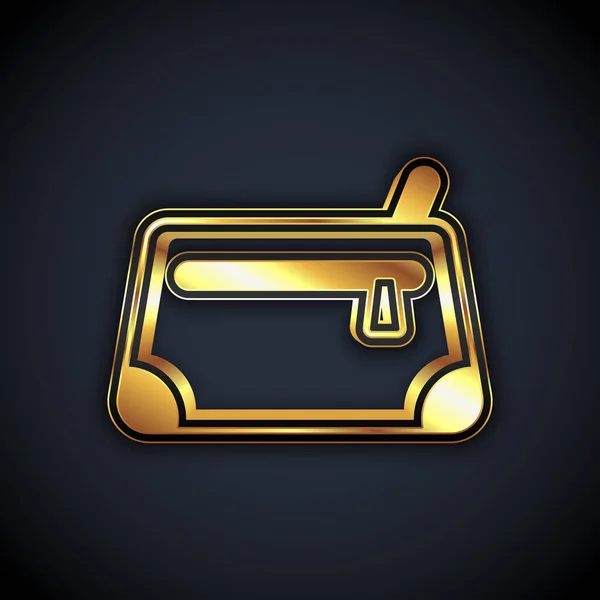 Иконка золотой косметической сумки выделена на черном фоне. Вектор — стоковый вектор