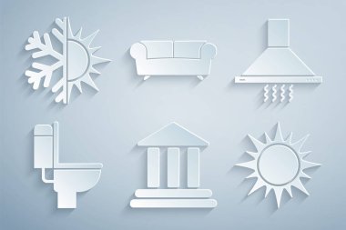 Banka binası, mutfak vantilatörü, klozet, güneş, kanepe ve kar tanesi ikonu. Vektör
