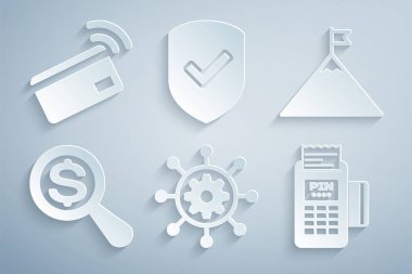 Proje Yönetimi, Dağlar ve Bayrak, Büyüteç Doları, POS Terminali, İşaretli Kalkan ve Temassız Ödeme Simgesi. Vektör