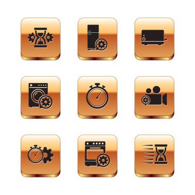 Kum saati ayarı, Zaman Yönetimi, Fırın, Stopwatch, Yıkama ve Tost makinesi simgesi. Vektör
