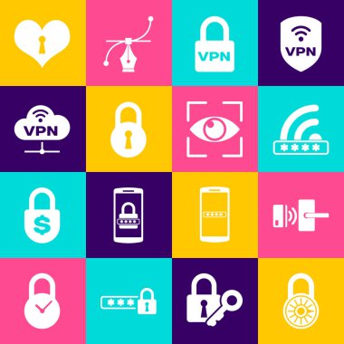 Güvenli kilit çarkını, kablosuz dijital kapıyı, Wifi 'yi, Lock VPN' i ve Network bulut bağlantı simgesini ayarla. Vektör