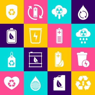 Bataryayı geri dönüşümle, yıldırımlı çöp tenekesi asit yağmuru ve radyoaktif bulut, eko doğa yaprağı bataryası, kalkanın içindeki geri dönüşümü ve şarj seviyesi gösterge simgesini ayarla. Vektör