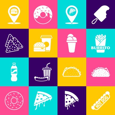 Hotdog sandviçi, tortilla, burrito, lokasyon pizzası, kahve burgeri, nachos ve dondurma ikonu hazırla. Vektör