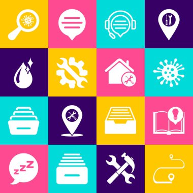 Rotayı ayarla, ilginç gerçekler, bakteriler, konuşma balonu sohbetli kulaklıklar, anahtarlık ve teçhizat, temiz su damlası, büyüteç altında mikroorganizmalar ve House servis simgesi. Vektör