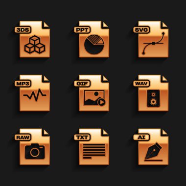 GIF dosya belgesini, TXT, AI, WAV, RAW, MP3, SVG ve 3DS simgesini ayarla. Vektör