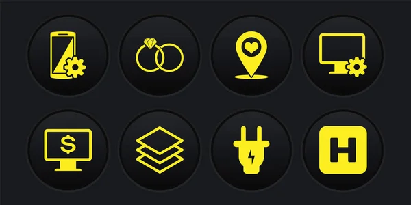 Set Monitor with dollar, Computer monitor and gear, Layers, Electric plug, Map pointer heart and Wedding rings icon. Vector — Image vectorielle