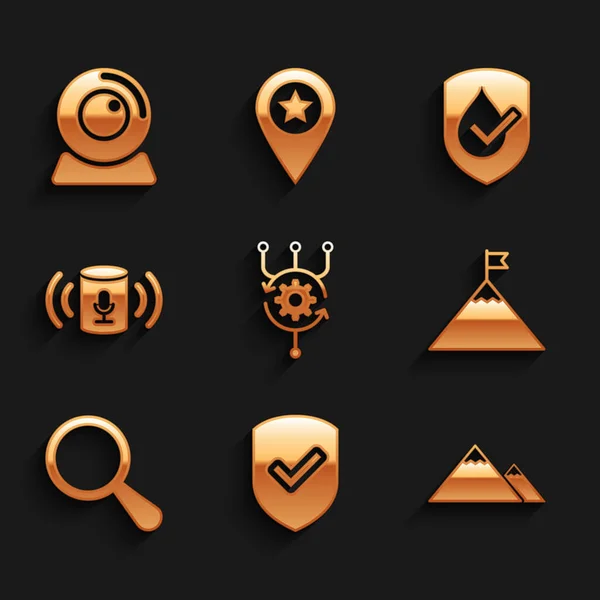 Set Algorithm, Shield with check mark, Mountains, and flag, Magnifying glass and Voice assistant icon. Vector — Stockvektor