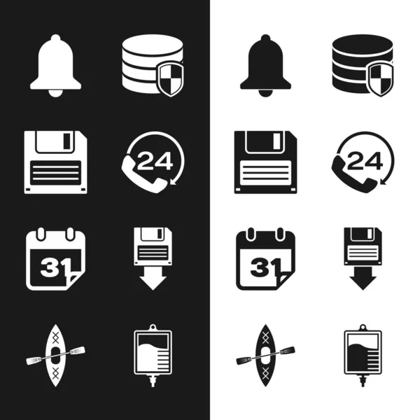 Set Telephone 24 hours support, Floppy disk, Ringing bell, Database protection, Calendar and backup icon. Vector — Vector de stock