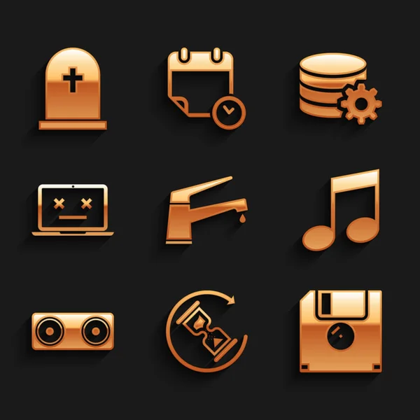 Set Water tap, Waiting, Floppy disk, Music note, tone, Stereo speaker and Dead laptop icon. Vector — Stockový vektor