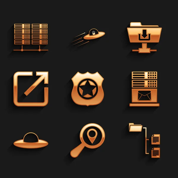 Set Police badge, Search location, Folder tree, Mail server, UFO flying spaceship and Open new window icon. Vector — Stockvector