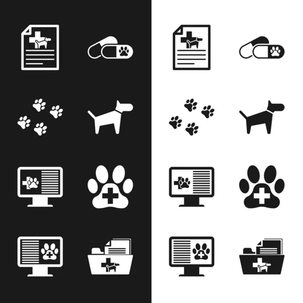 Set Dog, Paw print, Medical certificate for dog or cat, and pills, Clinical record pet on monitor and Veterinary clinic icon. Vector — Image vectorielle