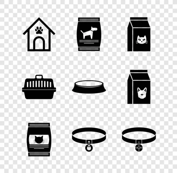 Set Dog house and paw print pet, Bag of food for dog, cat, , Cat collar and Collar with name tag icon. Vector — Vector de stock