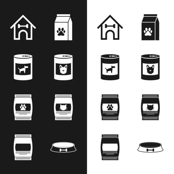 Set Canned food for dog, , Dog house and bone, Bag of pet, and cat icon. Vector — Vector de stock