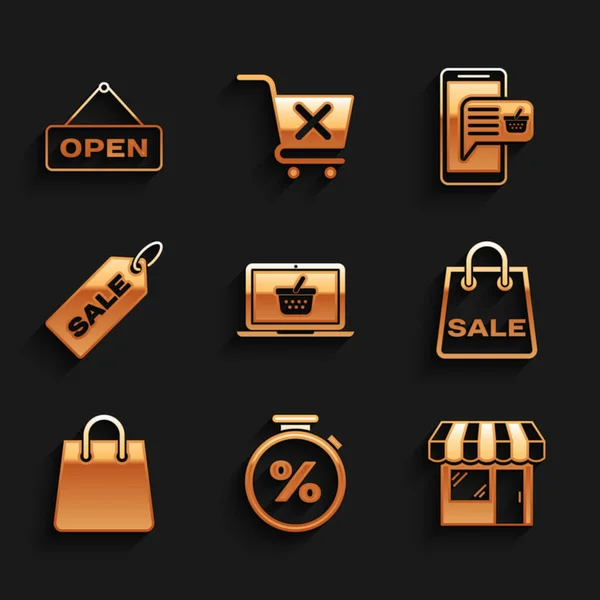 Set Shopping basket on laptop, Stopwatch and percent, Market store, bag with Sale, Handbag, Price tag, Mobile shopping and Hanging sign Open door icon. Vector — Stock Vector