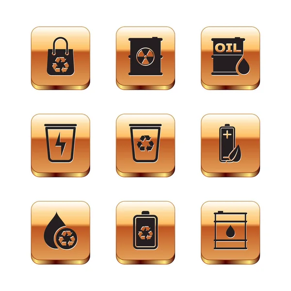 Set Shopping bag with recycle, Recycle clean aqua, Battery, bin, Lightning trash can, Oil barrel, and Radioactive waste icon. Vector — Stockvektor